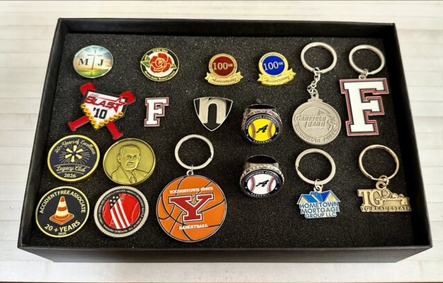Custom lapel pins, challenge coins, keychains, and championship rings!