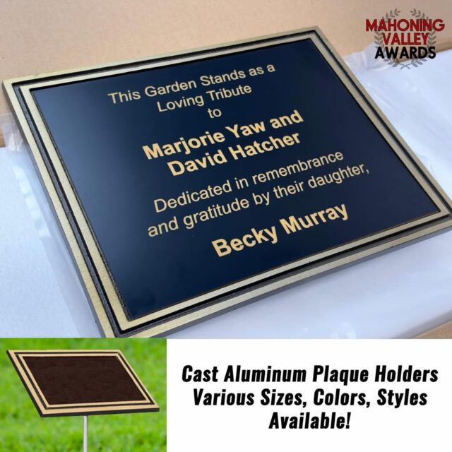 Available as garden stakes (as shown), wall mounted, bench mounted, and more!  #memorialplaques #shoplocal